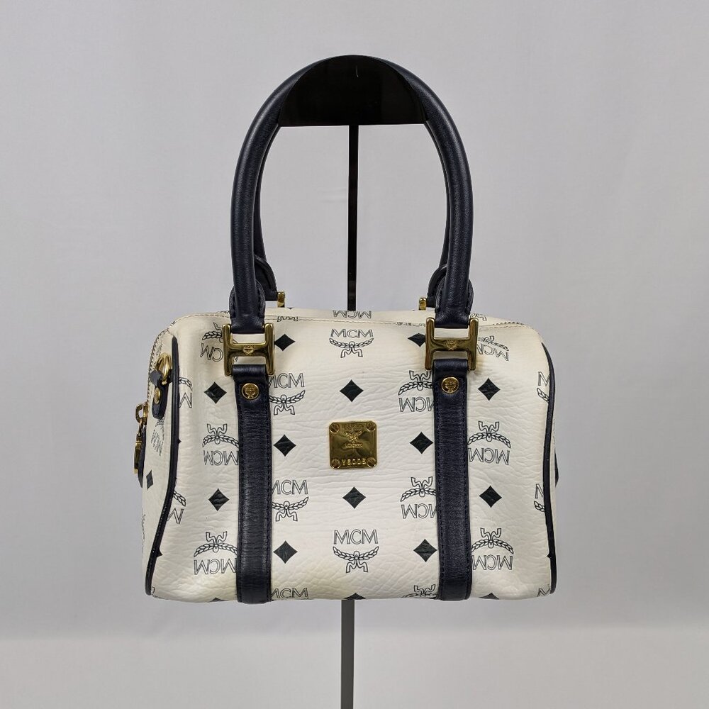 MCM Navy Blue and White Monogram Rare Boston Mini Top Handle Bag